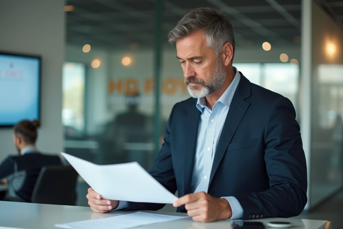 Homme d affaires examinant un contrat de location en agence
