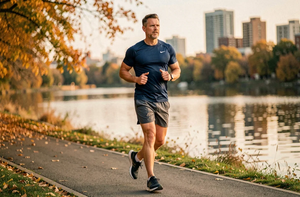 Homme en train de courir sur un chemin urbain en automne pour intégrer le fitness dans sa vie quotidienne