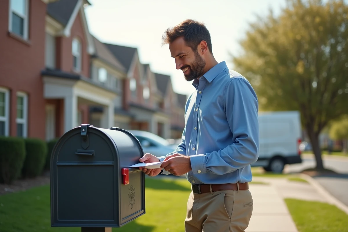 Homme déposant un courrier dans une boîte aux lettres devant une maison