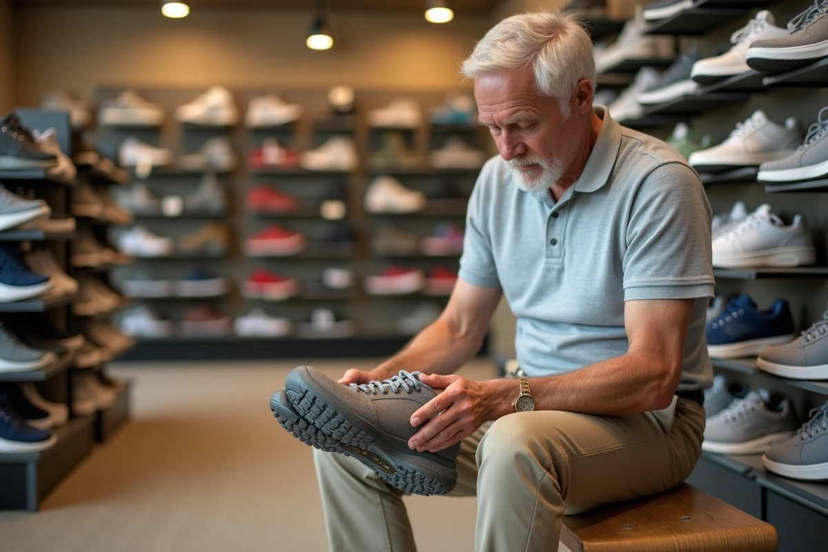 Homme essayant des chaussures Skechers à soutien plantaire dans un magasin orthopédique