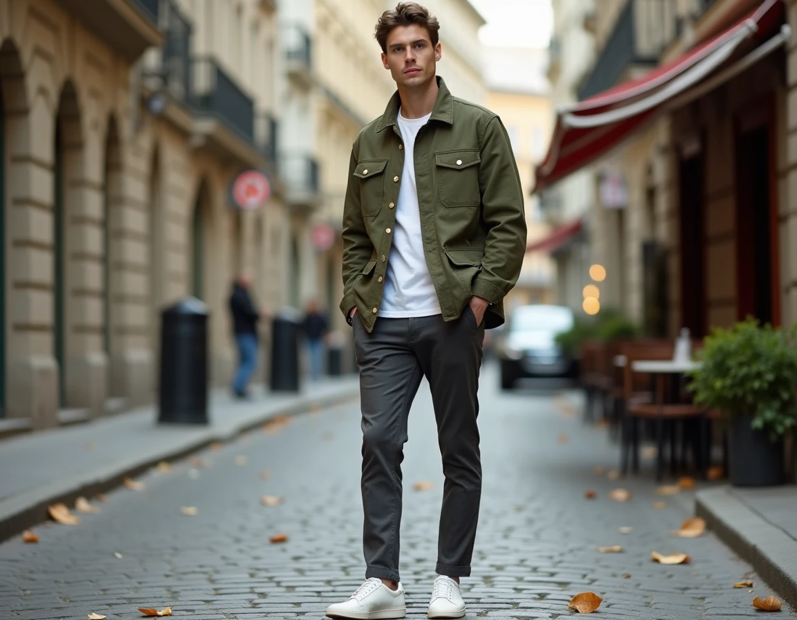 Homme en veste utilitaire olive et sneakers blanches dans une rue pavée européenne en automne