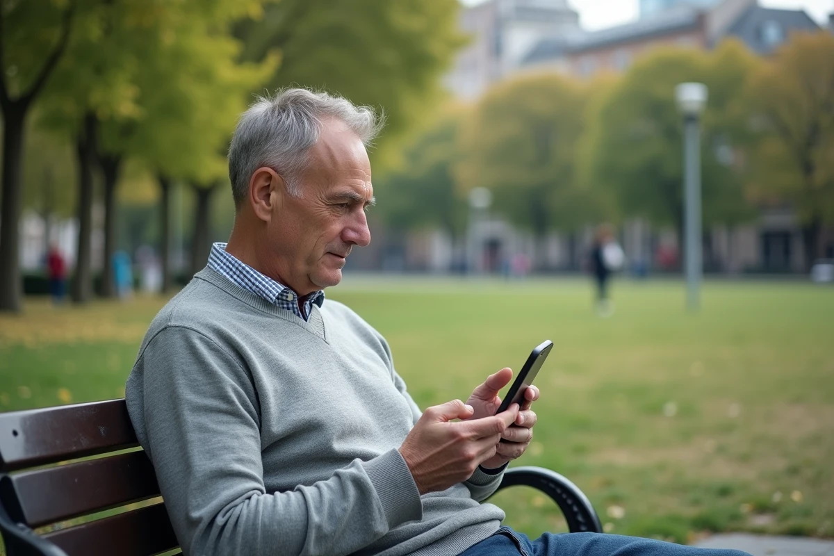Homme vérifiant ses emails sur son smartphone dans un parc