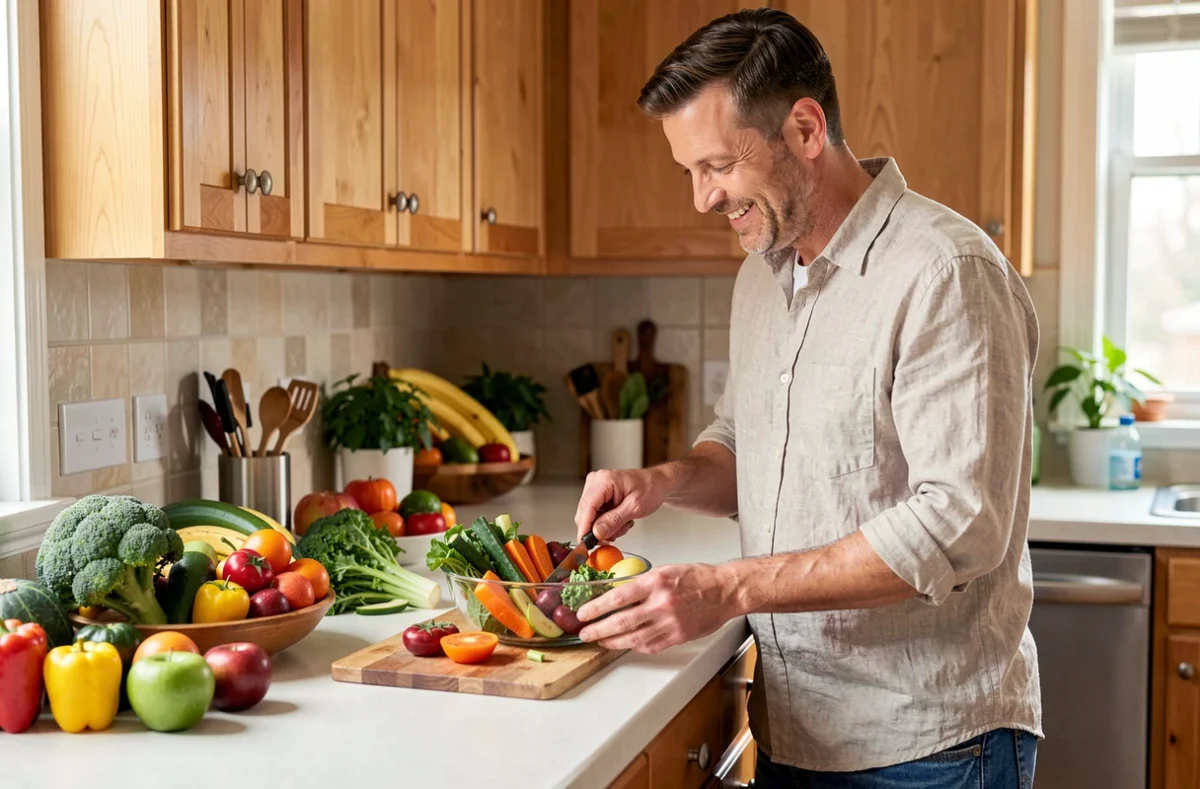 Homme préparant un repas sain et équilibré dans sa cuisine pour une bonne hygiène de vie