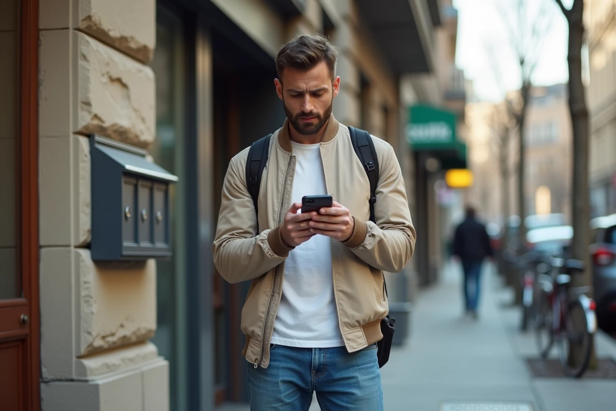 Homme dans la rue vérifiant son smartphone avec un bâtiment urbain en arrière-plan