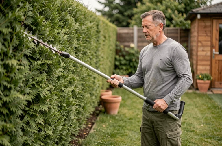 Homme utilisant un taille-haie télescopique pour tailler une haute haie verte dans un jardin suburban bien entretenu