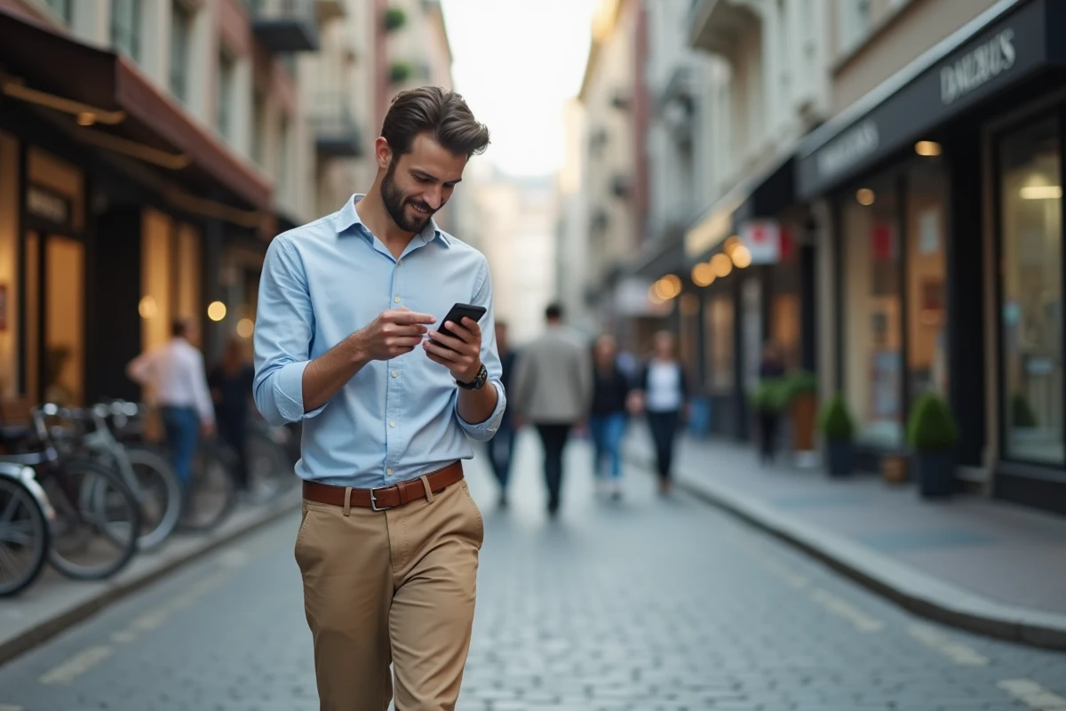 Jeune homme marchant dans la ville en lisant des offres d