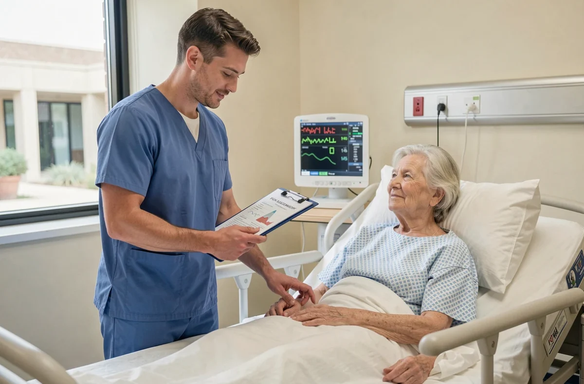Infirmier évaluant la douleur d'une patiente âgée en milieu hospitalier avec une grille d'évaluation de la douleur
