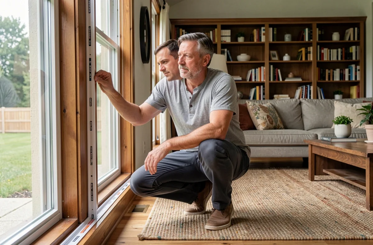 Homme installant un joint isolant sur une fenêtre du salon pour améliorer l'efficacité énergétique de son logement