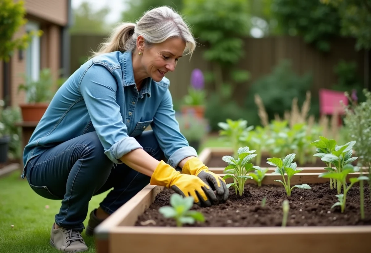 Femme plantant des jeunes semis dans un jardin en plein air