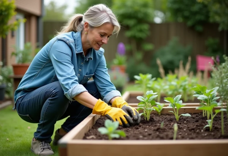 Femme plantant des jeunes semis dans un jardin en plein air