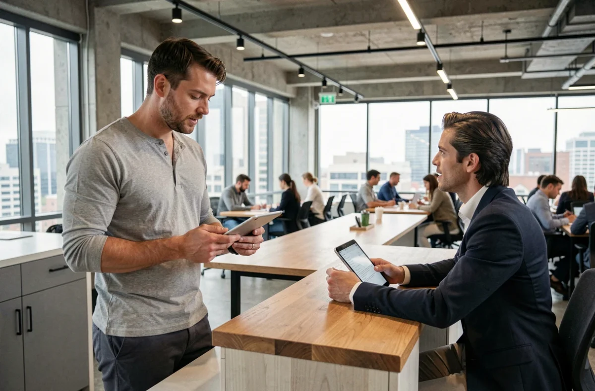 Jeune entrepreneur discutant de son projet de création d'entreprise avec un conseiller dans un espace de coworking moderne