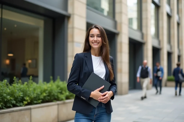 Jeune femme confiante devant un bâtiment moderne à Bordeaux