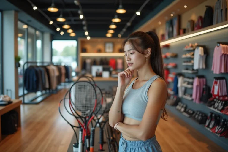 Jeune femme choisissant une raquette de tennis en magasin