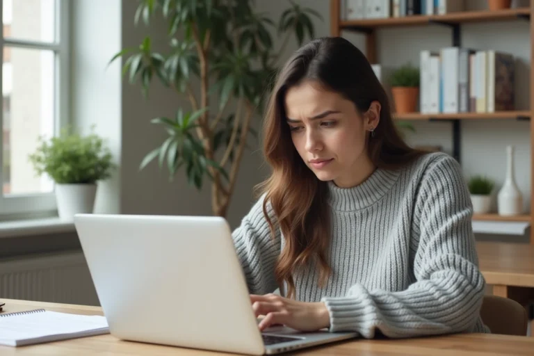 Jeune femme consultant les démarches pour la garantie Visale sur un ordinateur portable dans son appartement