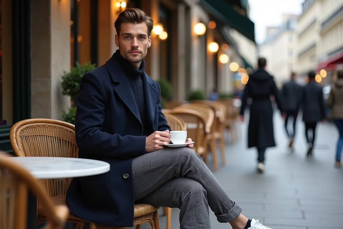 Jeune homme au café à Paris avec manteau navy et sneakers