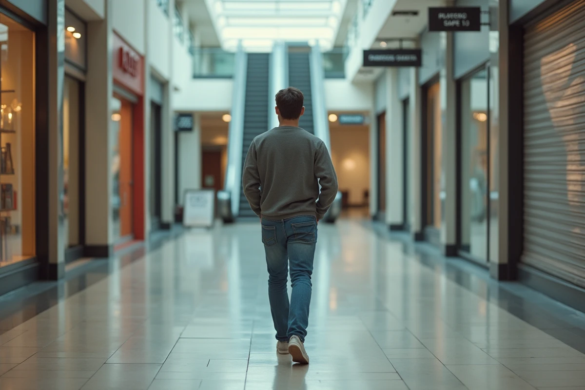 Jeune homme marchant dans un centre commercial désert