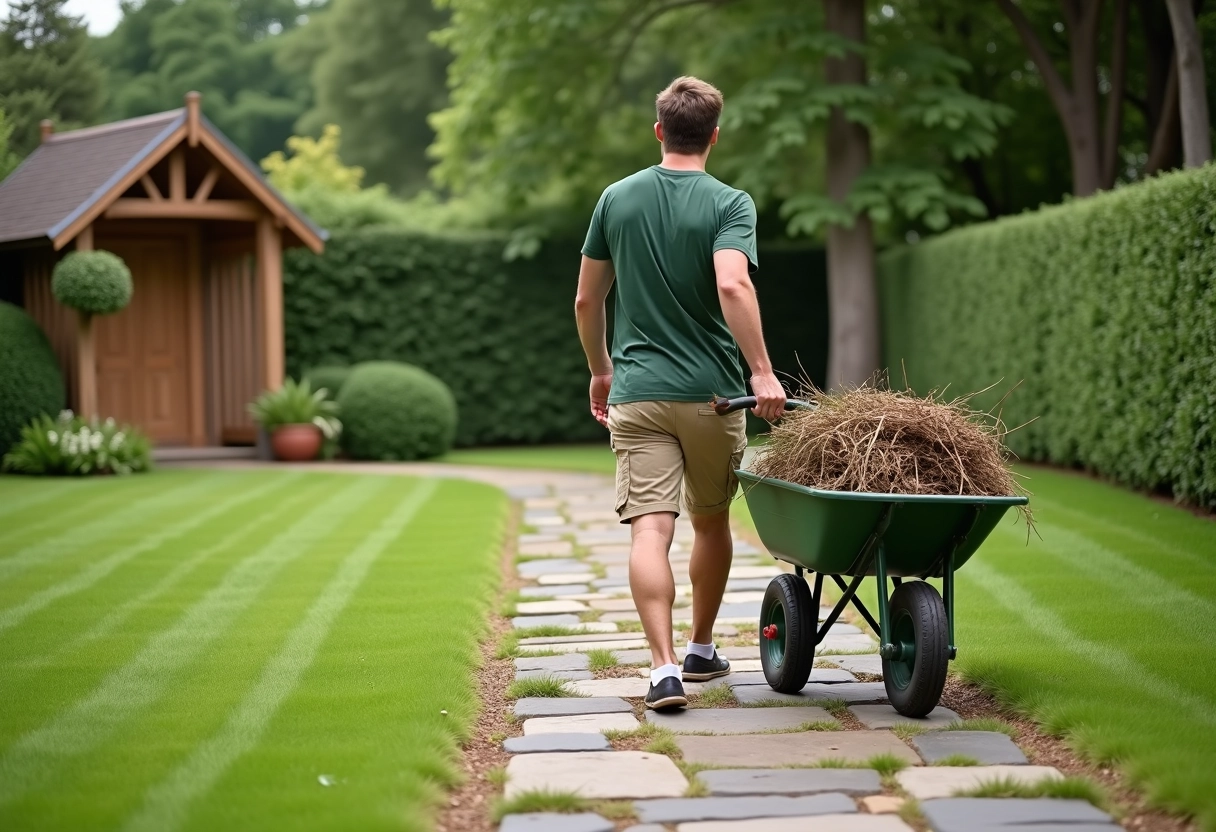 Jeune homme poussant une brouette dans le jardin