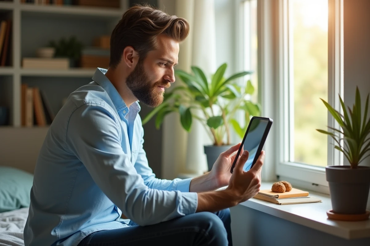 Jeune homme se rasant devant un miroir dans sa chambre lumineuse
