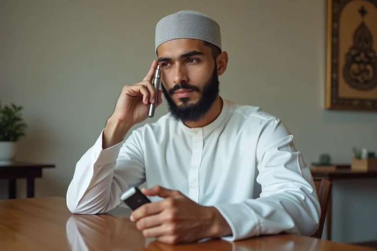 Jeune musulman en thobe blanc tenant un vape contemplatif