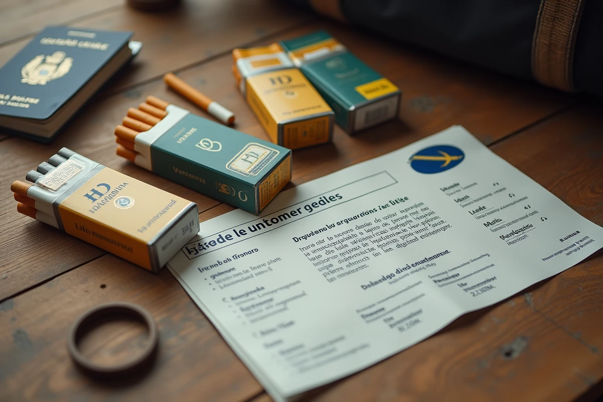 Cartouches de cigarettes, passeport français et brochure des règlements douaniers espagnols posés sur une table en bois