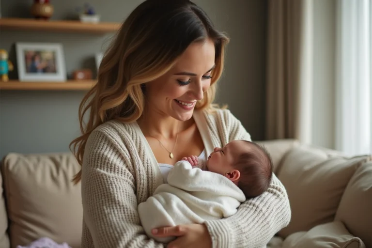 Jeune mère souriante tenant son bébé dans un salon chaleureux