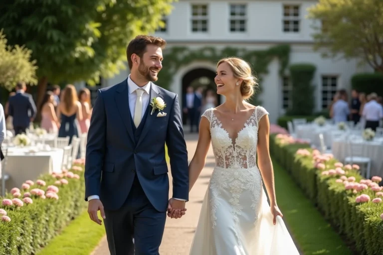 Couple heureux en mariage dans un jardin fleuri