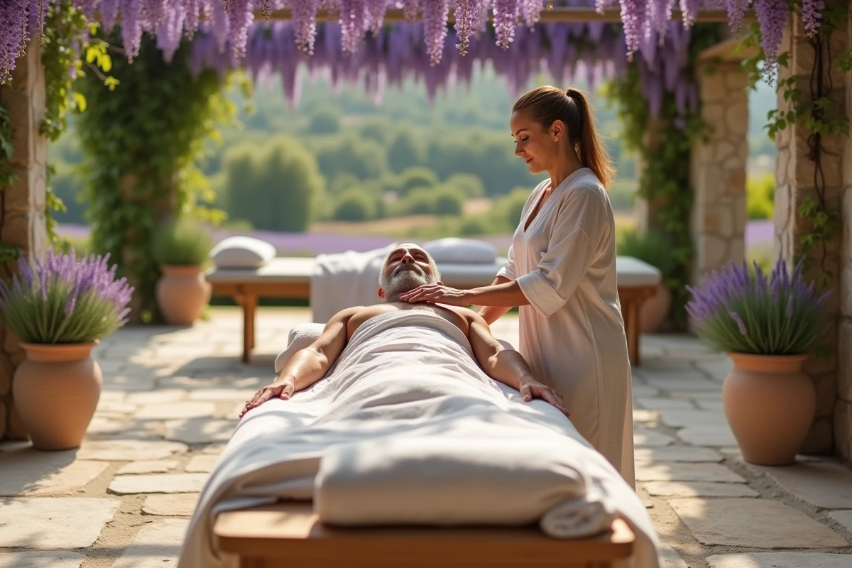 Séance de massage en plein air sous une pergola fleurie dans un spa naturiste provençal près d'Aix-en-Provence