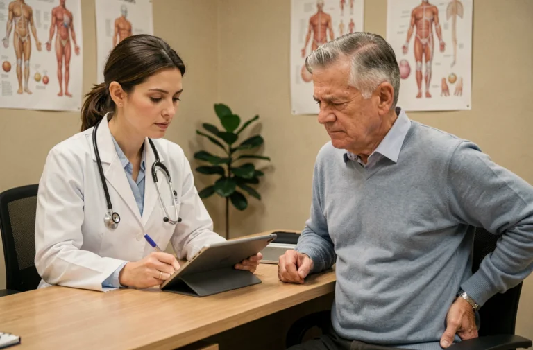 Médecin généraliste en consultation avec un patient souffrant de douleurs dorsales, prise en charge médicale de la douleur