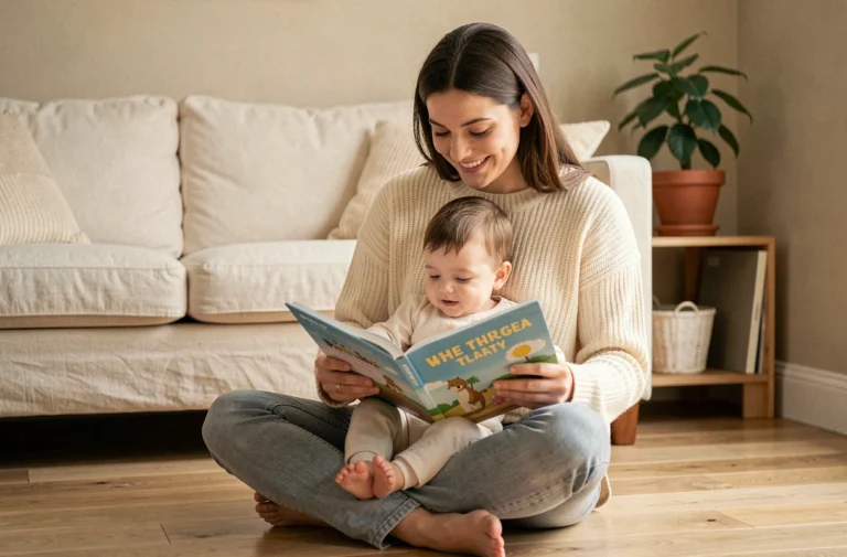 Jeune mère lisant un livre illustré à son tout-petit sur le sol d'un salon cosy, moment de complicité familiale en parentalité bienveillante