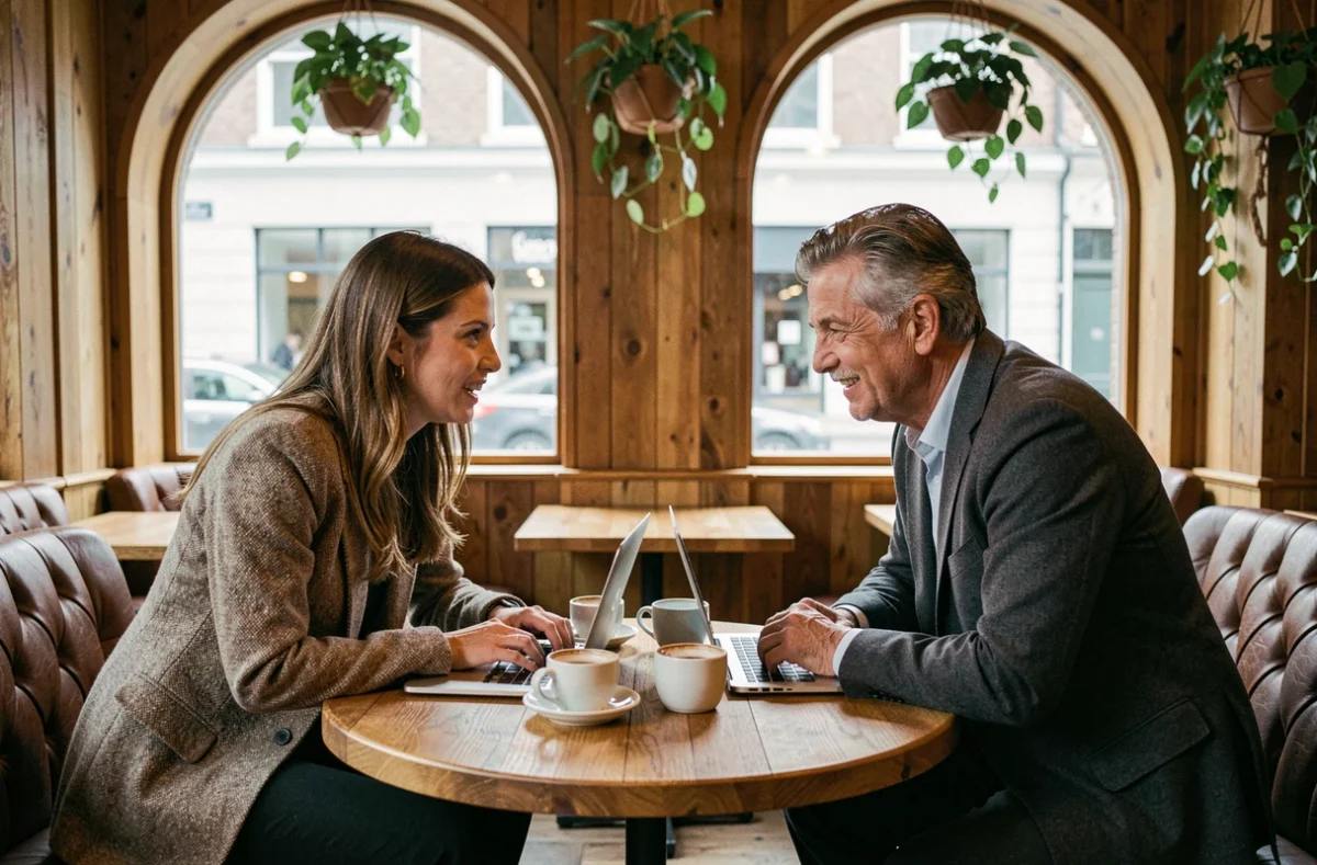 Deux professionnels en négociation stratégique dans un café haut de gamme, symbolisant la collaboration et le succès en affaires