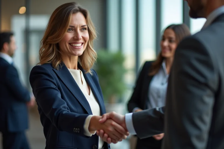 Deux professionnels échangeant une poignée de main lors d'un événement de networking en entreprise