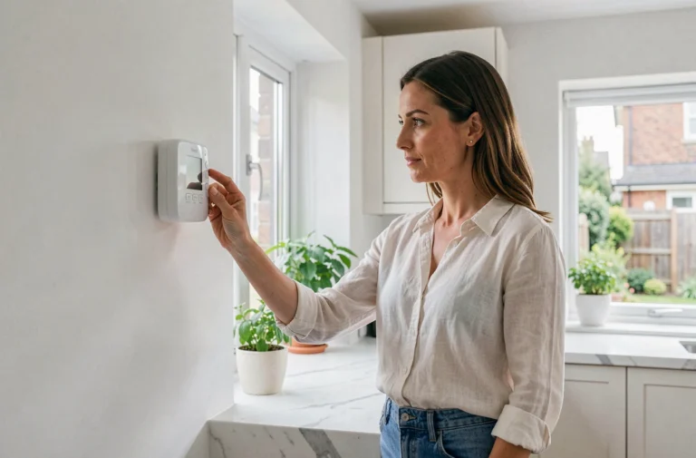 Femme ajustant un thermostat connecté dans une cuisine moderne pour optimiser le confort de sa maison