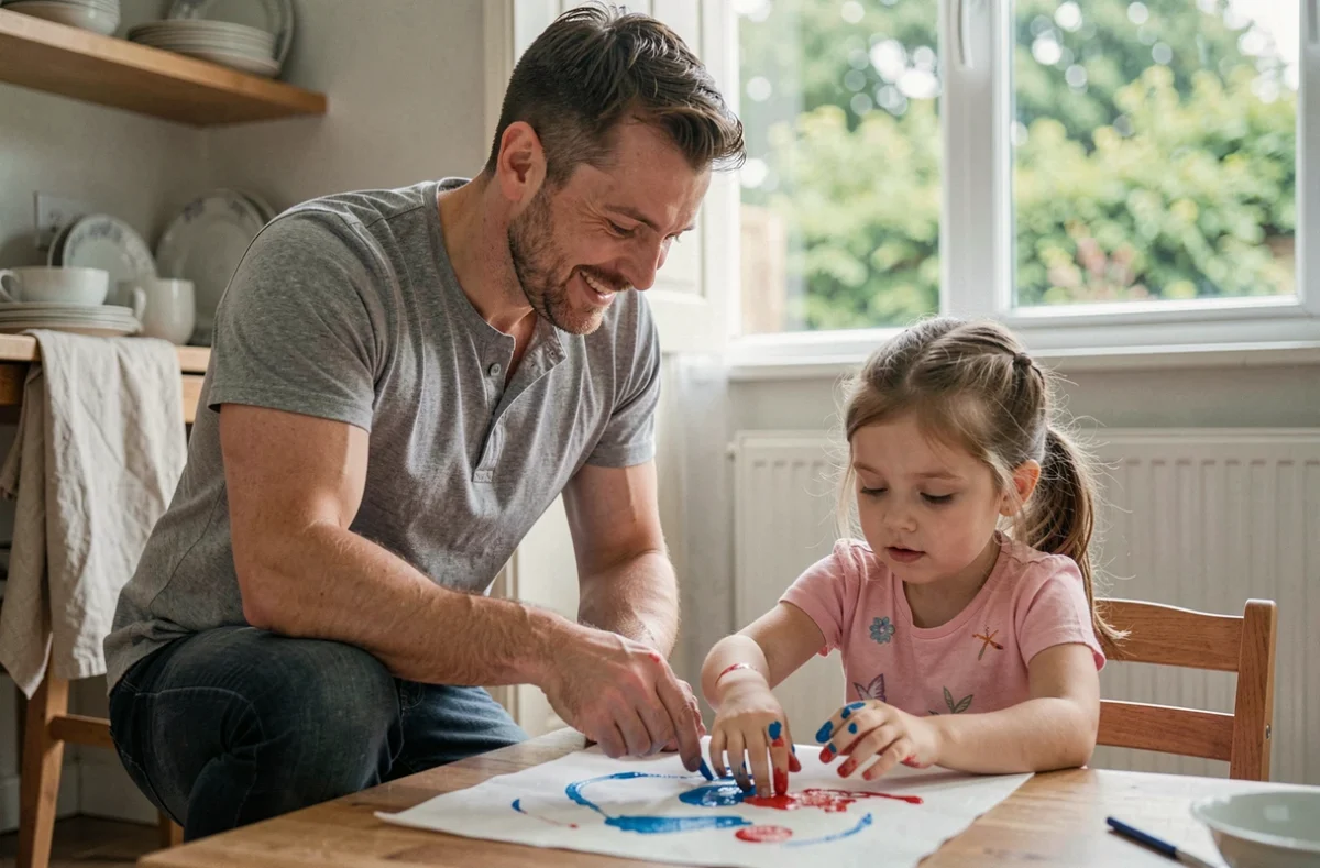 Père et petite fille faisant de la peinture au doigt ensemble dans une cuisine familiale, activité créative et parentalité épanouie