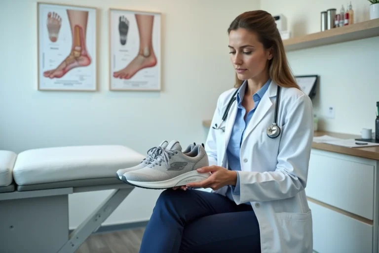 Podologue examinant une paire de chaussures Skechers dans un cabinet médical moderne
