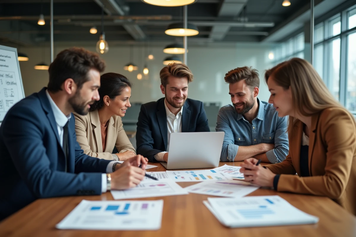 Équipe de recruteurs analysant des candidatures autour d'une table de réunion en open space