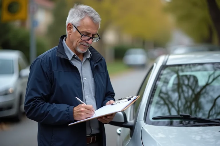 Homme remplissant un constat amiable après un accident de voiture dans une rue résidentielle