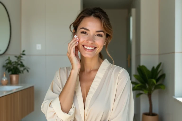 Femme appliquant une creme visage dans une salle de bain moderne