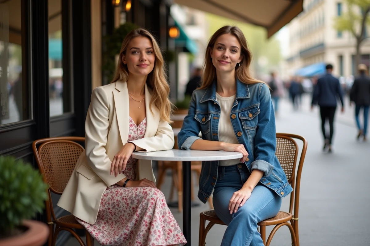 Deux femmes en tenues de mode parisienne assises en terrasse de café dans le quartier du Marais à Paris