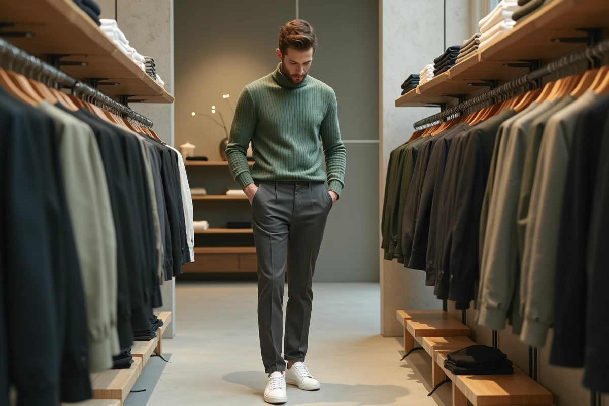 Homme élégant en pull col roulé vert sauge et pantalon plissé dans une boutique concept store minimaliste à Paris