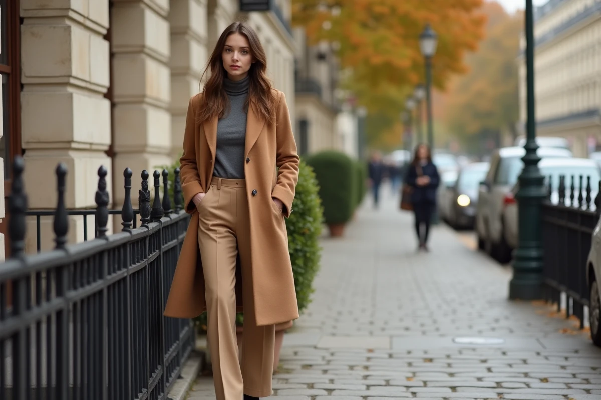 Femme élégante portant un manteau camel et un pantalon large devant un immeuble haussmannien à Paris en automne