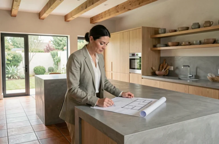 Femme consultant des plans d'architecte dans une cuisine rénovée aux tendances contemporaines avec mobilier en chêne et sol en tomettes
